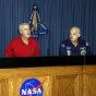 Sean O'Keefe, NASA Administrator, and Bill Readdy, Associate Administrator, Office of Space Flight, announcing Columbia's demise. NASA photo.