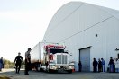 The first truck bearing recovered Columbia debris arrives at KSC Wednesday. NASA photo.