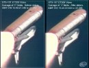 Two views of Columbia as it roared into orbit - before and after the External Tank insulation hit the left wing. NASA photo.