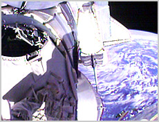 NASA Image: In this view from STS-100 Mission Specialist Chris Hadfield's Helmet Camera as he works outside of the Unity Module, Space Shuttle Endeavour is seen as it and the International Space Station pass over the Atlantic Ocean. Also, the side of the Raffaello Multi-Purpose Logistics Module is visible in the bottom center of the image.