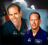NASA photos of astronauts Barry and Forrester with shuttle in background