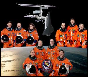 NASA STS-105 crew portrait, featuring the ISS Expedition Two and Three crews along the top, and Discovery's "core" crew along the bottom.