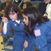 Mission Specialists Laurel Clark (at left) and Kalpana Chawla inspect scientific equipment at the Kennedy Space Center. NASA photo KSC-01PD-1884.