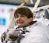 NASA photo of Linda Godwin training in her EVA spacesuit.