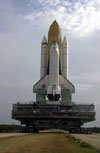 NASA photo of Shuttle Columbia on the way to launch pad for mission STS-109