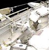 NASA image of astronaut Newman in shuttle cargo bay during second spacewalk on this mission