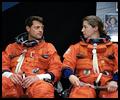 Atlantis Commander Jeff Ashby and Pilot Pam Melroy, shown here in preflight training. NASA photo.