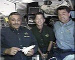 From left to right: STS-112 Mission Specialist Fyodor Yurchikhin, Pilot Pam Melroy and Commander Jeff Ashby participate in an interview with MSNBC on Wednesday. NASA image.