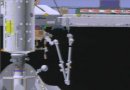 Computer-generated image of EVA3, looking towards Atlantis' flight deck. NASA TV capture.