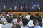 NASA Administrator Michael Griffin and Space Shuttle Program managers spoke with reporters in a press briefing from Kennedy Space Center after the scrub. Image credit: NASA/KSC