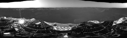 This 360-degree panorama is one of the first images beamed back to Earth from the Mars Exploration Rover Opportunity shortly after it touched down at Meridiani Planum, Mars. NASA/JPL image.