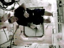 Last night, STS-92 Mission Specialist Michael Lopez-Alegria floats inside the Unity Module. Image courtesy of NASA.